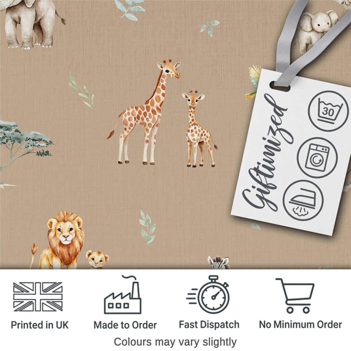 Cute Safari Animals Giraffe Lion Zebra Parrot Seamless Pattern Beige Background Digital Print Fabric by the Metre UK Sewing Quilting Textile