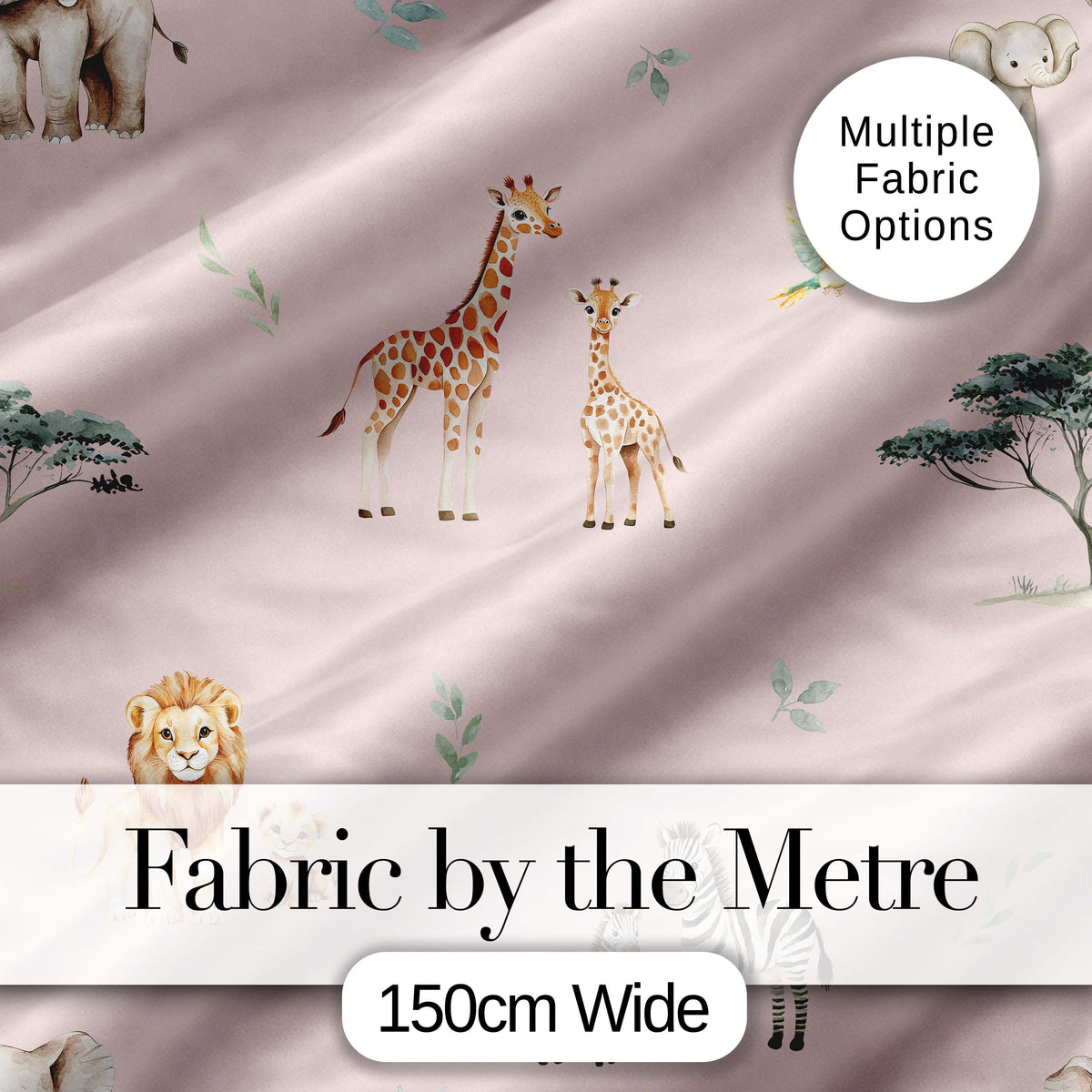 Cute Safari Animals Giraffe Lion Zebra Parrot  Pattern Blush Pink Background Digital Print Fabric by the Metre UK Sewing Quilting Textile