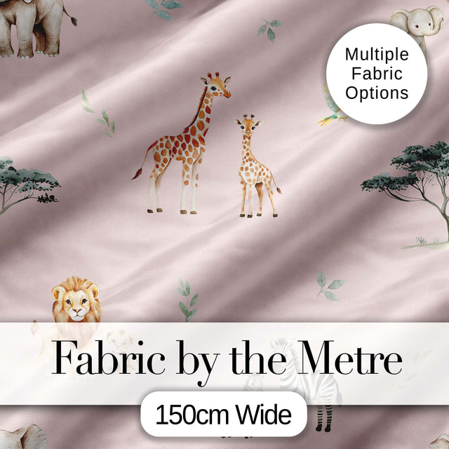Cute Safari Animals Giraffe Lion Zebra Parrot  Pattern Blush Pink Background Digital Print Fabric by the Metre UK Sewing Quilting Textile