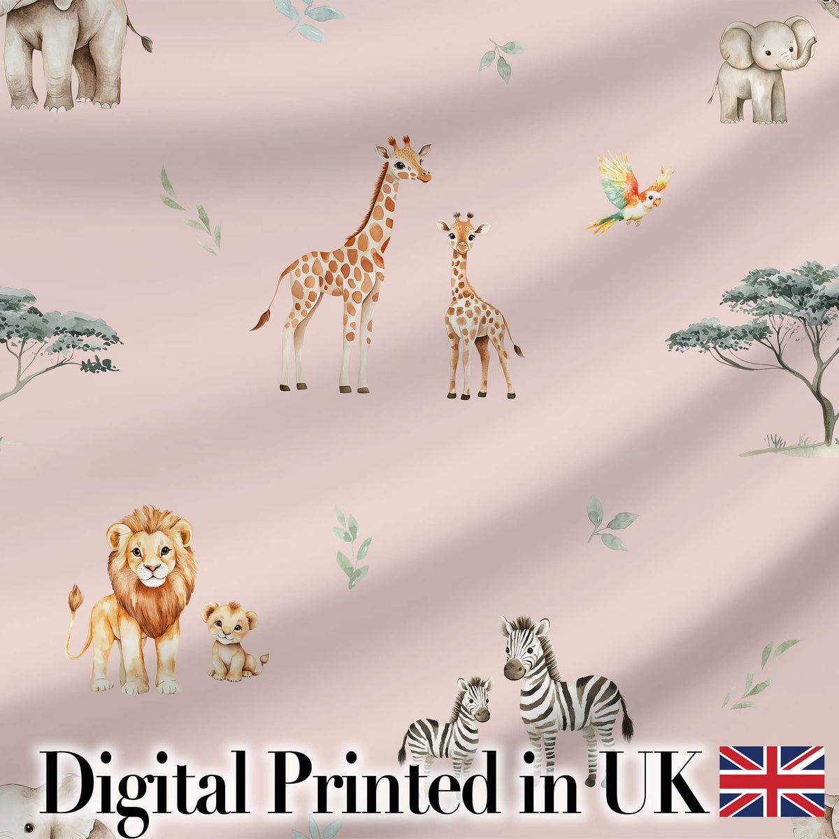 Cute Safari Animals Giraffe Lion Zebra Parrot  Pattern Blush Pink Background Digital Print Fabric by the Metre UK Sewing Quilting Textile