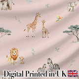 Cute Safari Animals Giraffe Lion Zebra Parrot  Pattern Blush Pink Background Digital Print Fabric by the Metre UK Sewing Quilting Textile