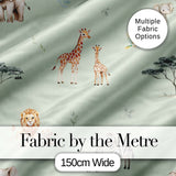 Cute Safari Animals Giraffe Lion Zebra Parrot  Pattern Sage Green Background Digital Print Fabric by the Metre UK Sewing Quilting Textile