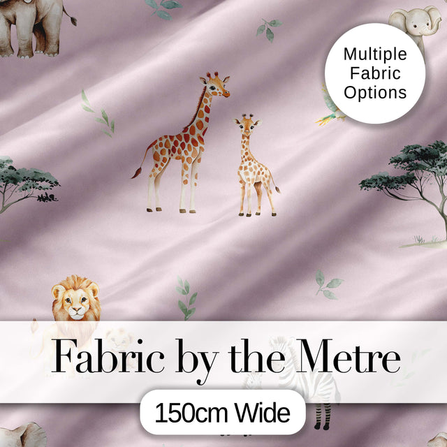 Cute Safari Animals Giraffe Lion Zebra Parrot Seamless Pattern Mauve Background Digital Print Fabric by the Metre UK Sewing Quilting Textile
