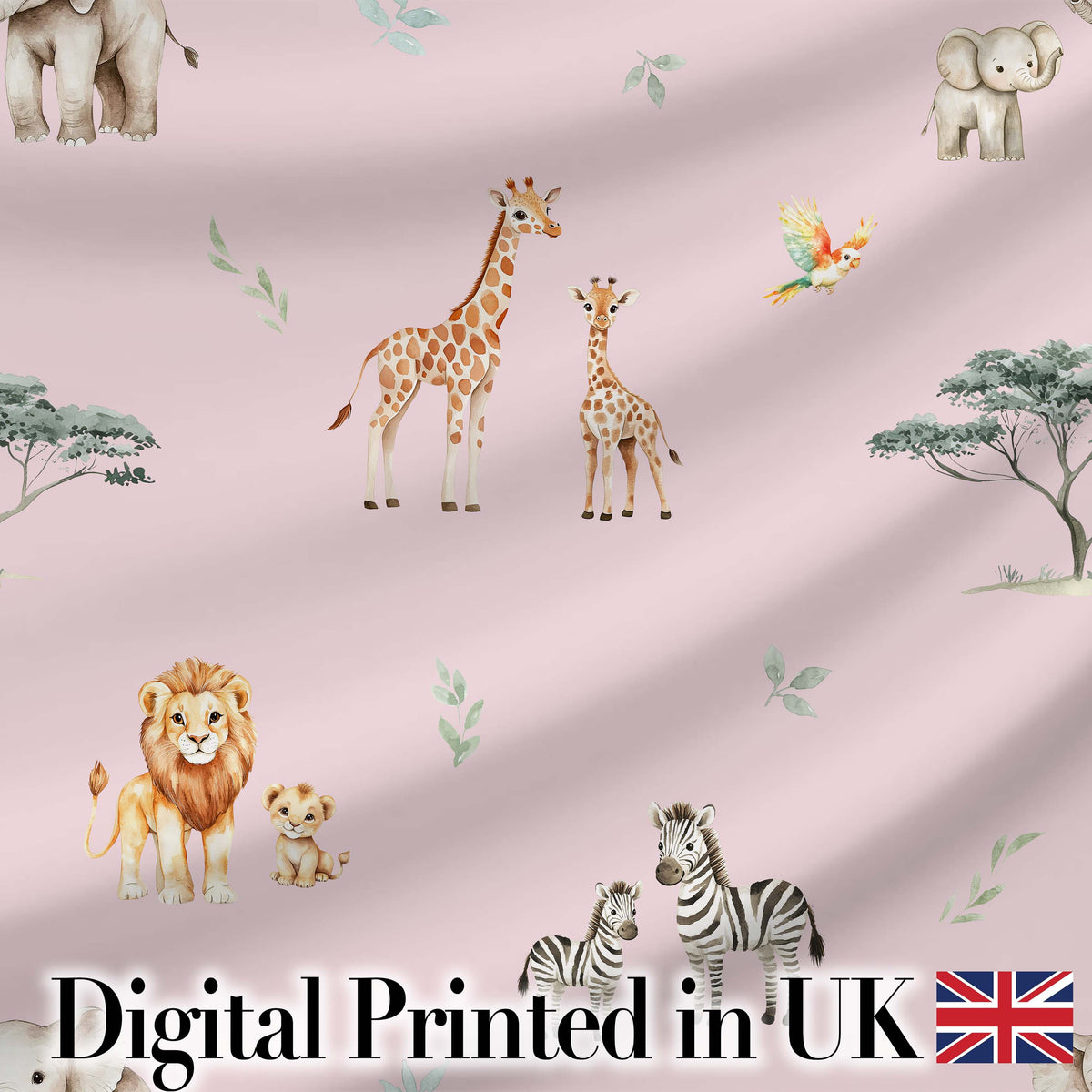 Cute Safari Animals Giraffe Lion Zebra Parrot Seamless Pattern Mauve Background Digital Print Fabric by the Metre UK Sewing Quilting Textile