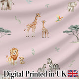 Cute Safari Animals Giraffe Lion Zebra Parrot Seamless Pattern Mauve Background Digital Print Fabric by the Metre UK Sewing Quilting Textile