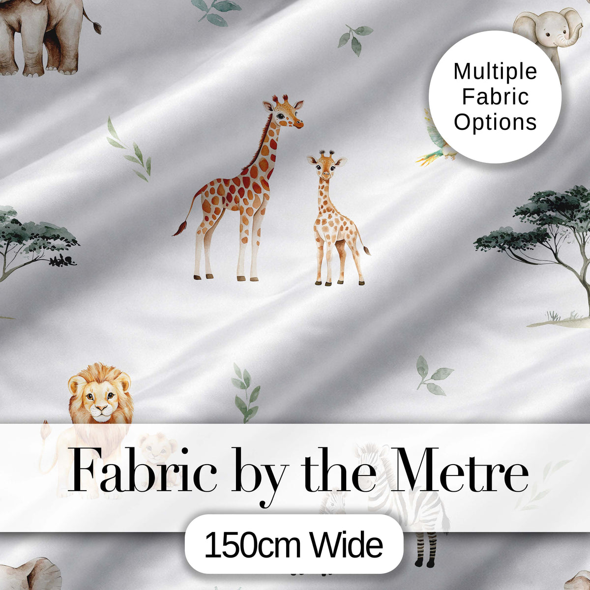 Cute Safari Animals Giraffe Lion Zebra Parrot  Pattern Light Grey Background Digital Print Fabric by the Metre UK Sewing Quilting Textile