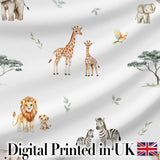 Cute Safari Animals Giraffe Lion Zebra Parrot  Pattern Light Grey Background Digital Print Fabric by the Metre UK Sewing Quilting Textile