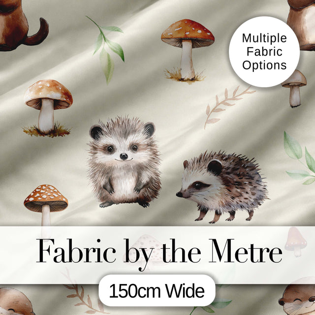 Cute Woodland Hedgehog Mushrooms Leaves Seamless Pattern Light Beige Background Digital Print Fabric by the Metre UK Sewing Quilting Textile