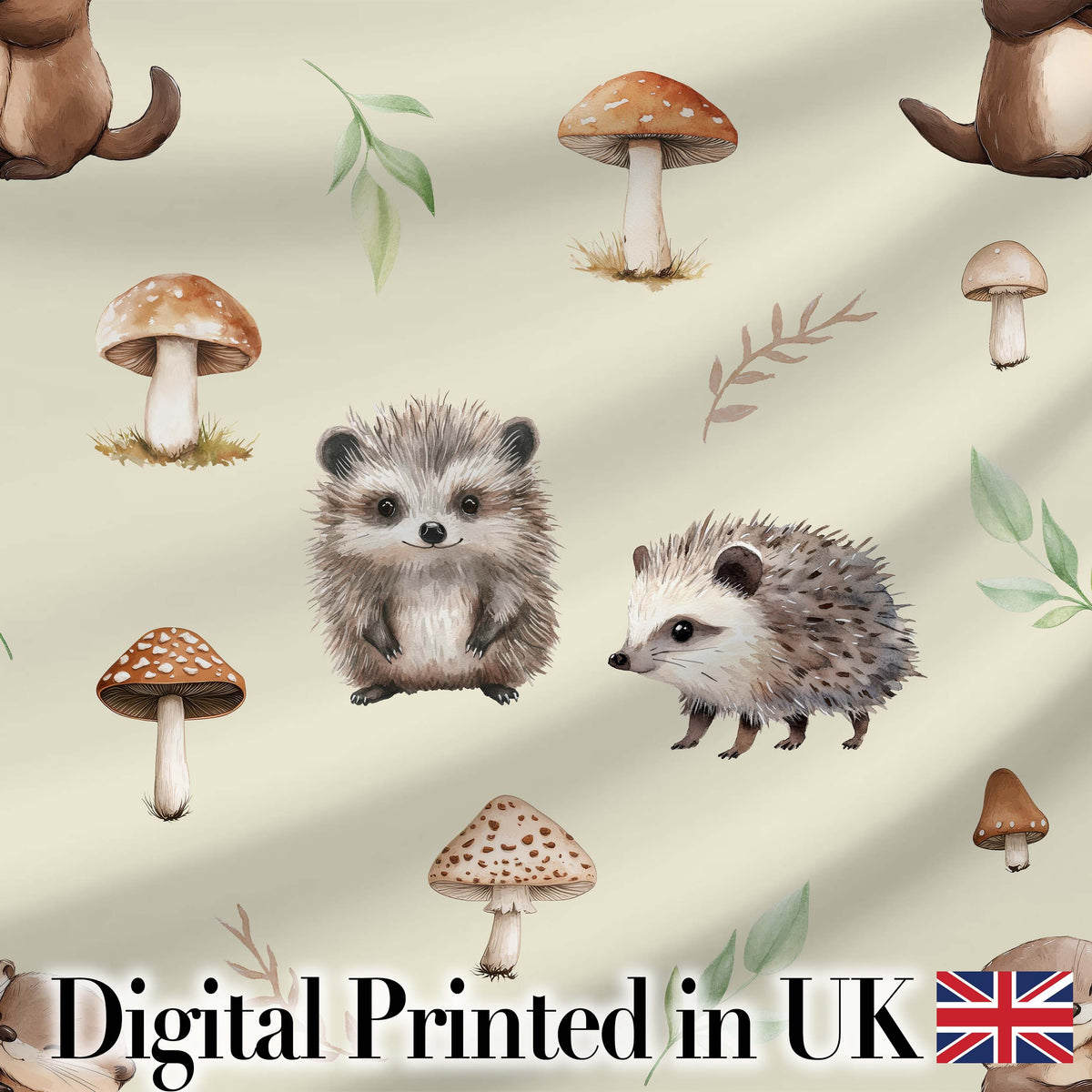 Cute Woodland Hedgehog Mushrooms Leaves Seamless Pattern Light Beige Background Digital Print Fabric by the Metre UK Sewing Quilting Textile