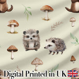 Cute Woodland Hedgehog Mushrooms Leaves Seamless Pattern Light Beige Background Digital Print Fabric by the Metre UK Sewing Quilting Textile
