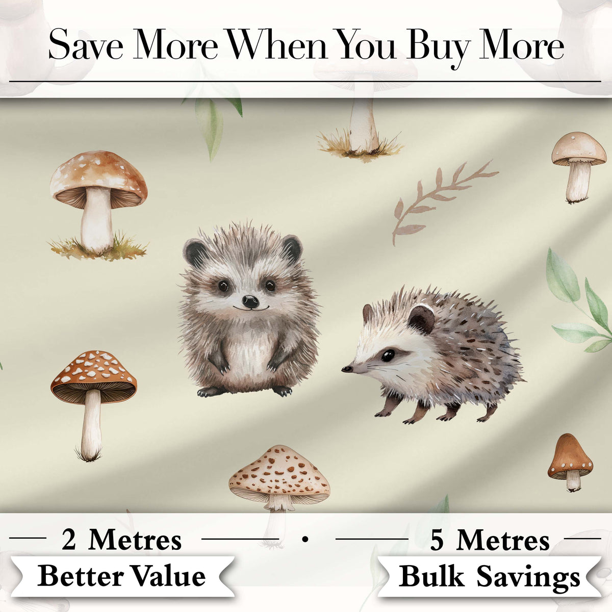 Cute Woodland Hedgehog Mushrooms Leaves Seamless Pattern Light Beige Background Digital Print Fabric by the Metre UK Sewing Quilting Textile