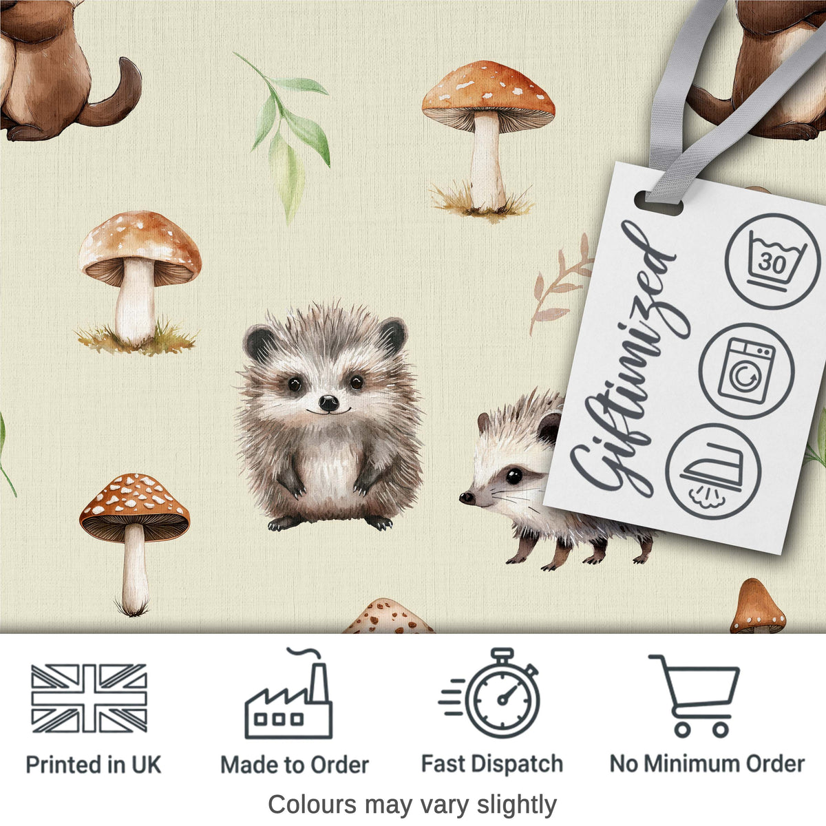 Cute Woodland Hedgehog Mushrooms Leaves Seamless Pattern Light Beige Background Digital Print Fabric by the Metre UK Sewing Quilting Textile