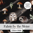 Cute Woodland Hedgehog Mushrooms Leaves Seamless Pattern Dark Brown Background Digital Print Fabric by the Metre UK Sewing Quilting Textile