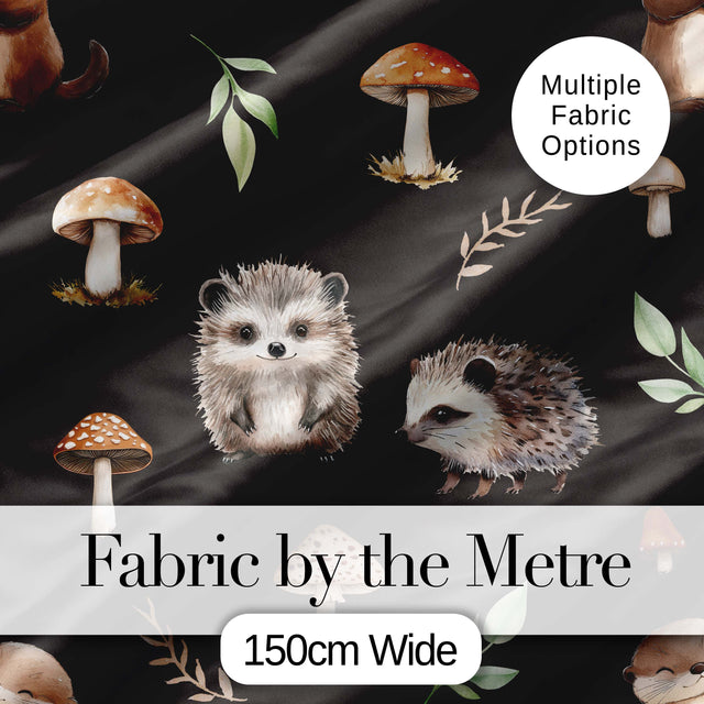 Cute Woodland Hedgehog Mushrooms Leaves Seamless Pattern Dark Brown Background Digital Print Fabric by the Metre UK Sewing Quilting Textile