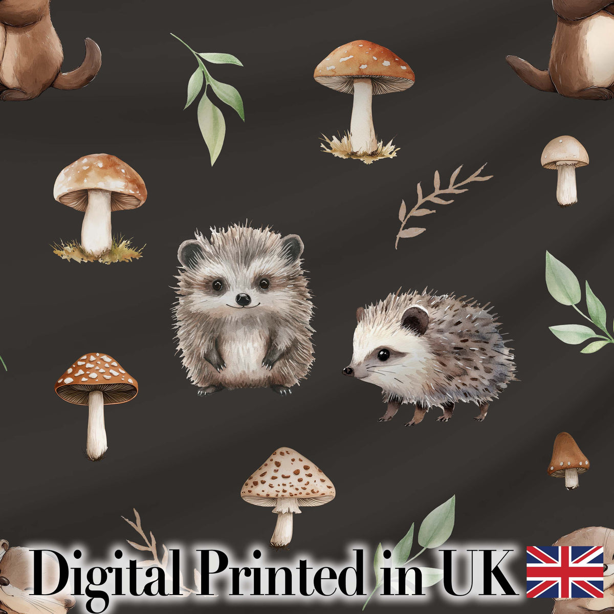 Cute Woodland Hedgehog Mushrooms Leaves Seamless Pattern Dark Brown Background Digital Print Fabric by the Metre UK Sewing Quilting Textile