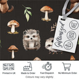 Cute Woodland Hedgehog Mushrooms Leaves Seamless Pattern Dark Brown Background Digital Print Fabric by the Metre UK Sewing Quilting Textile