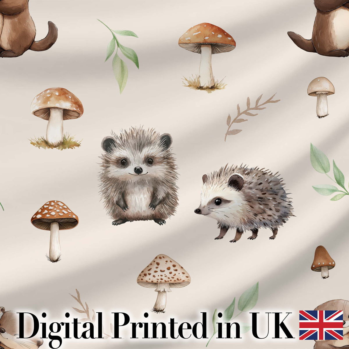 Cute Woodland Hedgehog Mushrooms Leaves Seamless Pattern Warm Beige Background Digital Print Fabric by the Metre UK Sewing Quilting Textile