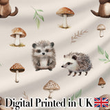 Cute Woodland Hedgehog Mushrooms Leaves Seamless Pattern Warm Beige Background Digital Print Fabric by the Metre UK Sewing Quilting Textile