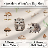 Cute Woodland Hedgehog Mushrooms Leaves Seamless Pattern Warm Beige Background Digital Print Fabric by the Metre UK Sewing Quilting Textile