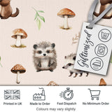 Cute Woodland Hedgehog Mushrooms Leaves Seamless Pattern Warm Beige Background Digital Print Fabric by the Metre UK Sewing Quilting Textile