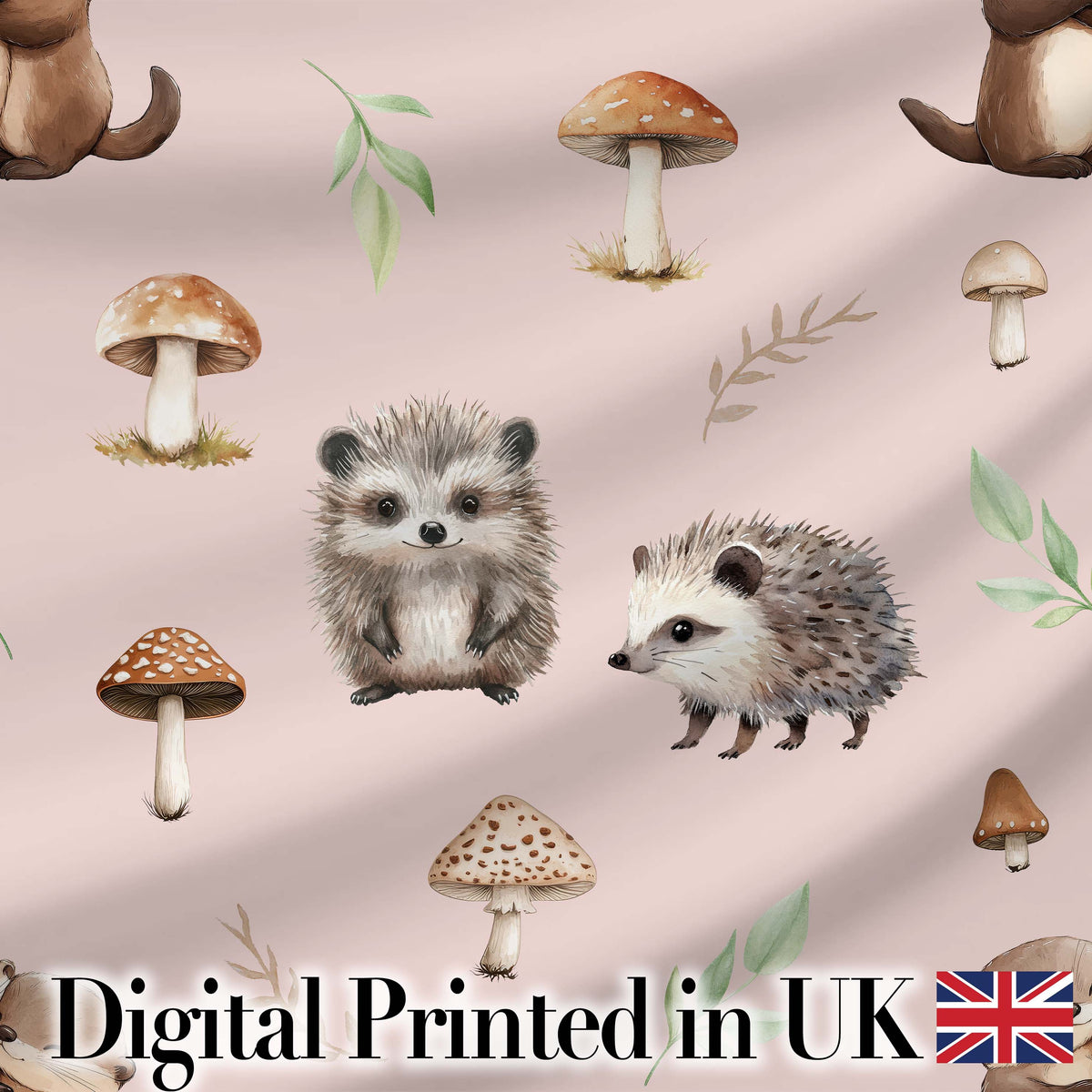Cute Woodland Hedgehog Mushrooms Leaves Seamless Pattern Sage Green Background Digital Print Fabric by the Metre UK Sewing Quilting Textile