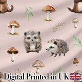 Cute Woodland Hedgehog Mushrooms Leaves Seamless Pattern Sage Green Background Digital Print Fabric by the Metre UK Sewing Quilting Textile