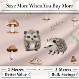 Cute Woodland Hedgehog Mushrooms Leaves Seamless Pattern Sage Green Background Digital Print Fabric by the Metre UK Sewing Quilting Textile