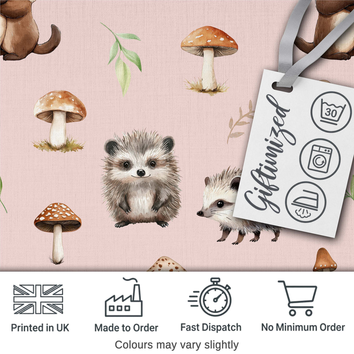 Cute Woodland Hedgehog Mushrooms Leaves Seamless Pattern Sage Green Background Digital Print Fabric by the Metre UK Sewing Quilting Textile