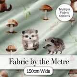 Cute Woodland Hedgehog Mushrooms Leaves Seamless Pattern Dusty Pink Background Digital Print Fabric by the Metre UK Sewing Quilting Textile
