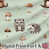Cute Woodland Hedgehog Mushrooms Leaves Seamless Pattern Dusty Pink Background Digital Print Fabric by the Metre UK Sewing Quilting Textile
