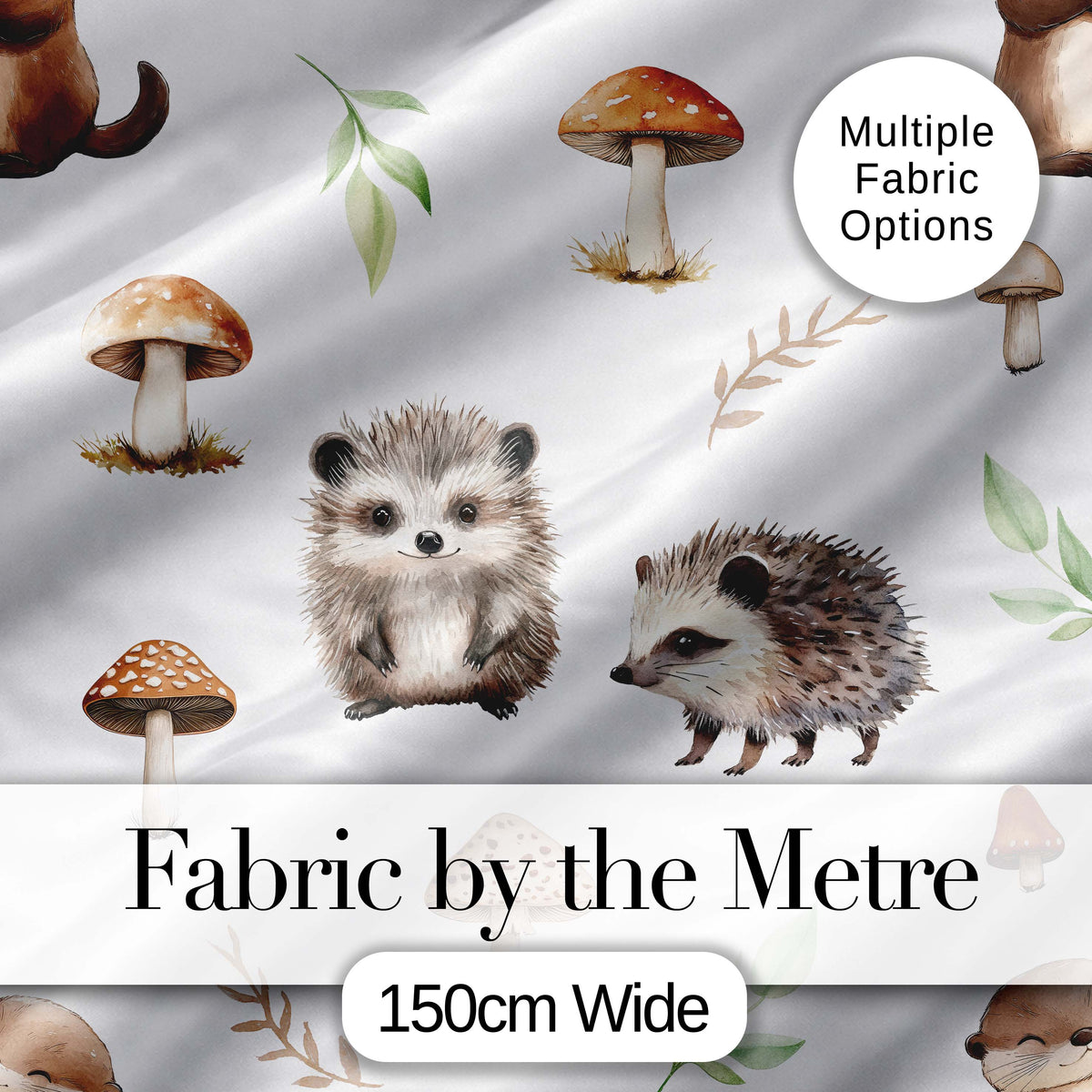 Cute Woodland Hedgehog Mushrooms Leaves Seamless Pattern Soft Grey Background Digital Print Fabric by the Metre UK Sewing Quilting Textile