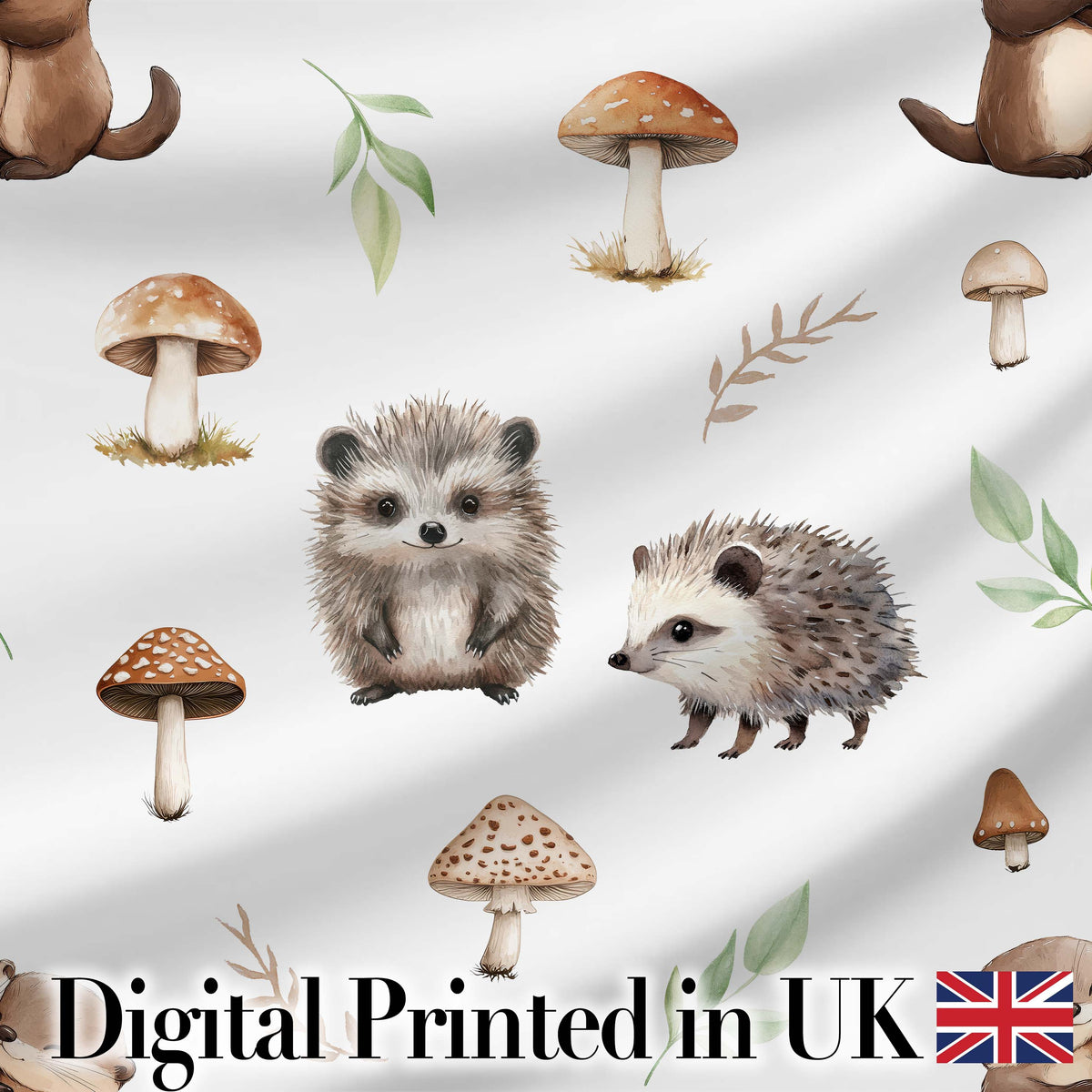Cute Woodland Hedgehog Mushrooms Leaves Seamless Pattern Soft Grey Background Digital Print Fabric by the Metre UK Sewing Quilting Textile
