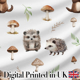 Cute Woodland Hedgehog Mushrooms Leaves Seamless Pattern Soft Grey Background Digital Print Fabric by the Metre UK Sewing Quilting Textile