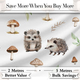 Cute Woodland Hedgehog Mushrooms Leaves Seamless Pattern Soft Grey Background Digital Print Fabric by the Metre UK Sewing Quilting Textile