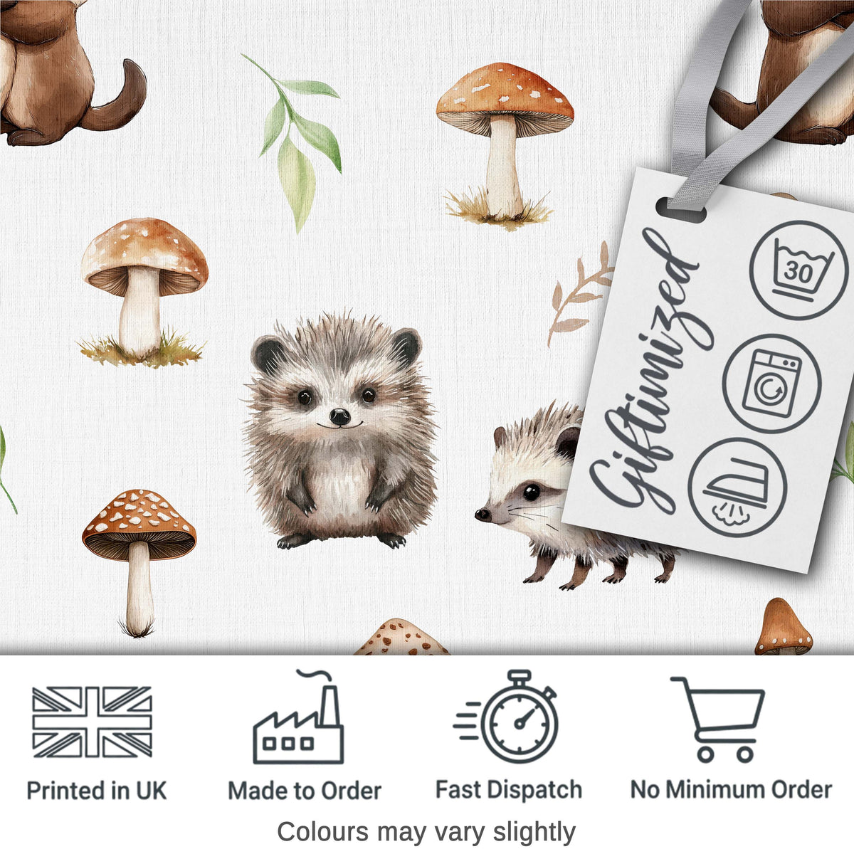 Cute Woodland Hedgehog Mushrooms Leaves Seamless Pattern Soft Grey Background Digital Print Fabric by the Metre UK Sewing Quilting Textile