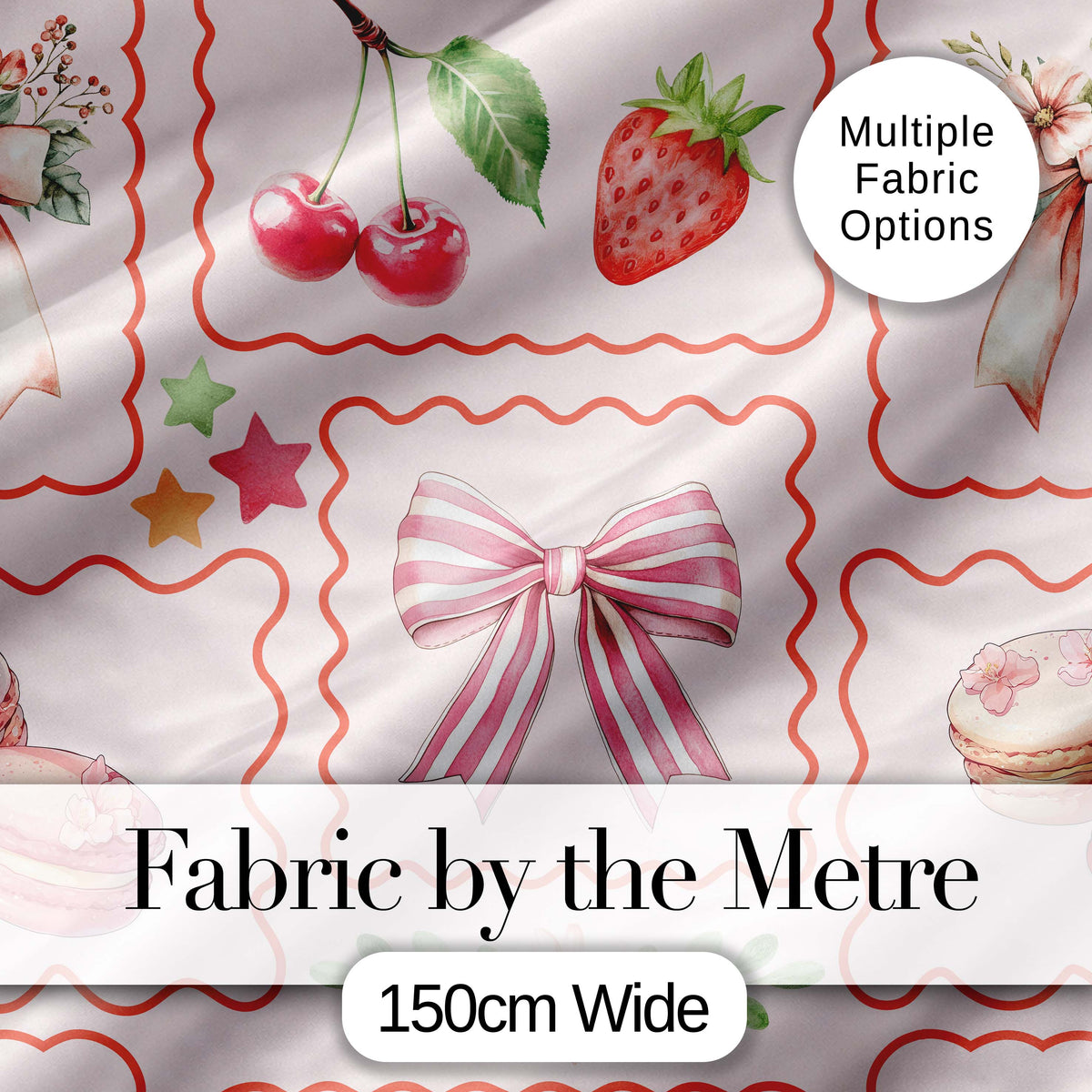 Cute Strawberry Cherry Ribbon Bow Sweet Dessert  Pattern Soft Pink Background Digital Print Fabric by the Metre UK Sewing Quilting Textile