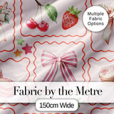 Cute Strawberry Cherry Ribbon Bow Sweet Dessert  Pattern Soft Pink Background Digital Print Fabric by the Metre UK Sewing Quilting Textile