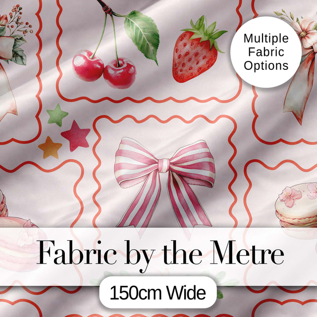 Cute Strawberry Cherry Ribbon Bow Sweet Dessert  Pattern Soft Pink Background Digital Print Fabric by the Metre UK Sewing Quilting Textile