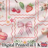 Cute Strawberry Cherry Ribbon Bow Sweet Dessert  Pattern Soft Pink Background Digital Print Fabric by the Metre UK Sewing Quilting Textile
