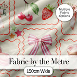 Cute Strawberry Cherry Ribbon Bow Sweet Dessert  Pattern Warm Beige Background Digital Print Fabric by the Metre UK Sewing Quilting Textile