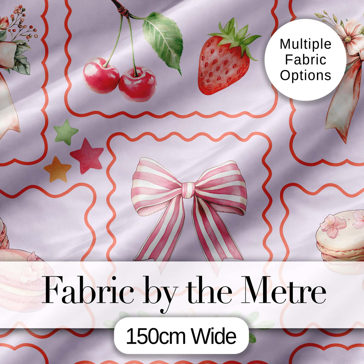 Cute Strawberry Cherry Ribbon Bow Sweet Dessert  Pattern Soft Lilac Background Digital Print Fabric by the Metre UK Sewing Quilting Textile