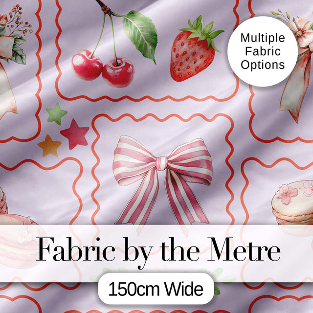 Cute Strawberry Cherry Ribbon Bow Sweet Dessert  Pattern Soft Lilac Background Digital Print Fabric by the Metre UK Sewing Quilting Textile