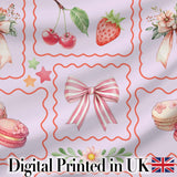Cute Strawberry Cherry Ribbon Bow Sweet Dessert  Pattern Soft Lilac Background Digital Print Fabric by the Metre UK Sewing Quilting Textile