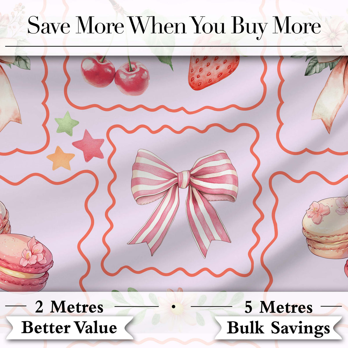 Cute Strawberry Cherry Ribbon Bow Sweet Dessert  Pattern Soft Lilac Background Digital Print Fabric by the Metre UK Sewing Quilting Textile