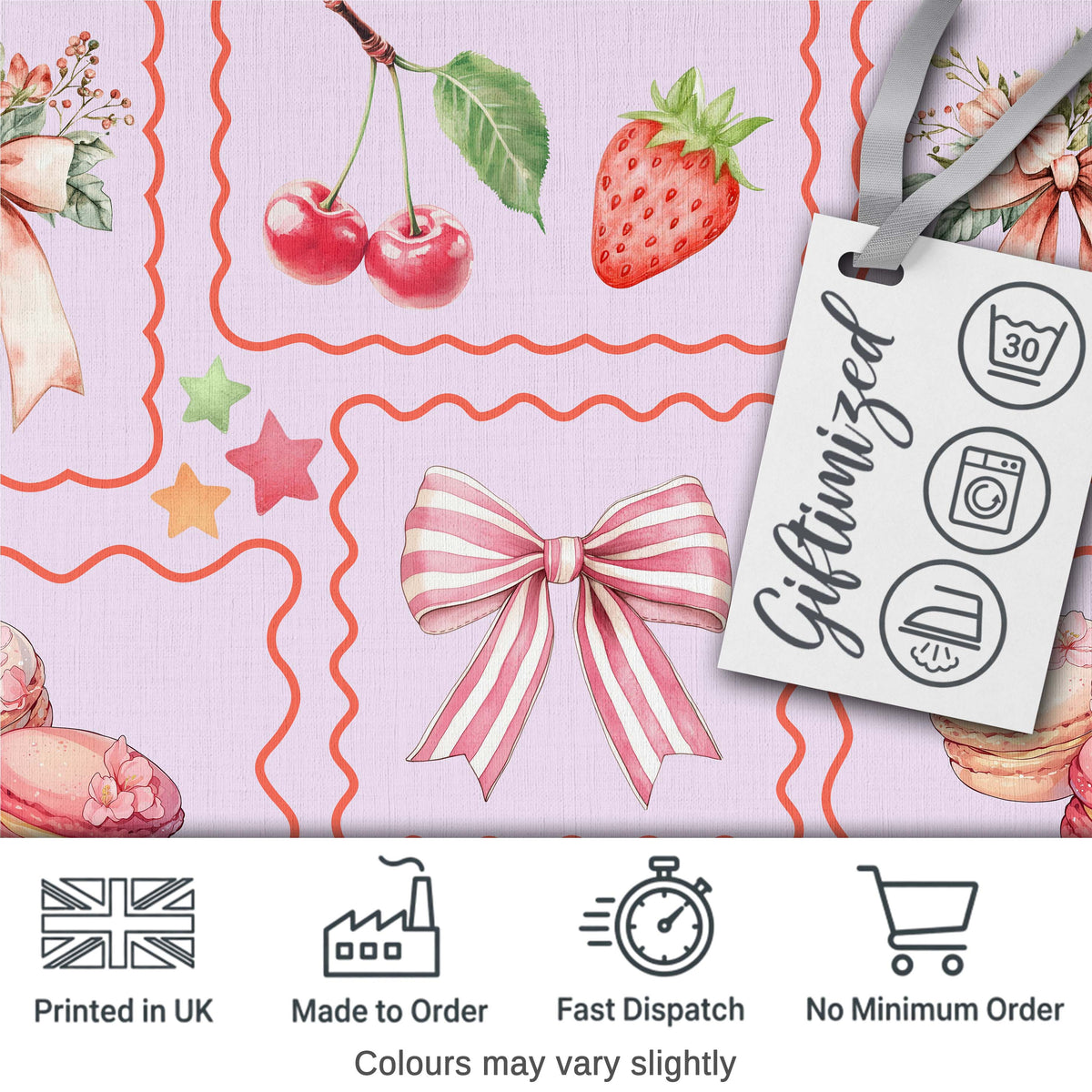 Cute Strawberry Cherry Ribbon Bow Sweet Dessert  Pattern Soft Lilac Background Digital Print Fabric by the Metre UK Sewing Quilting Textile