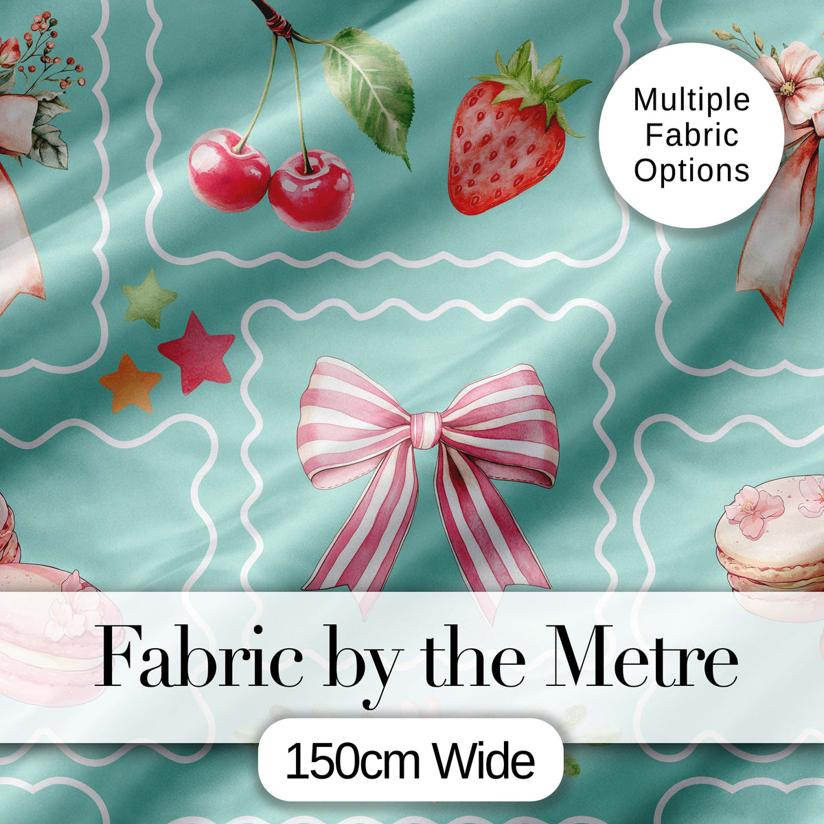 Cute Strawberry Cherry Ribbon Bow Sweet Dessert  Pattern Teal Green Background Digital Print Fabric by the Metre UK Sewing Quilting Textile