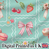 Cute Strawberry Cherry Ribbon Bow Sweet Dessert  Pattern Teal Green Background Digital Print Fabric by the Metre UK Sewing Quilting Textile