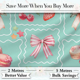 Cute Strawberry Cherry Ribbon Bow Sweet Dessert  Pattern Teal Green Background Digital Print Fabric by the Metre UK Sewing Quilting Textile