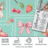 Cute Strawberry Cherry Ribbon Bow Sweet Dessert  Pattern Teal Green Background Digital Print Fabric by the Metre UK Sewing Quilting Textile