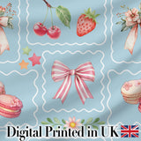 Cute Strawberry Cherry Ribbon Bow Sweet Dessert  Pattern Dusty Blue Background Digital Print Fabric by the Metre UK Sewing Quilting Textile